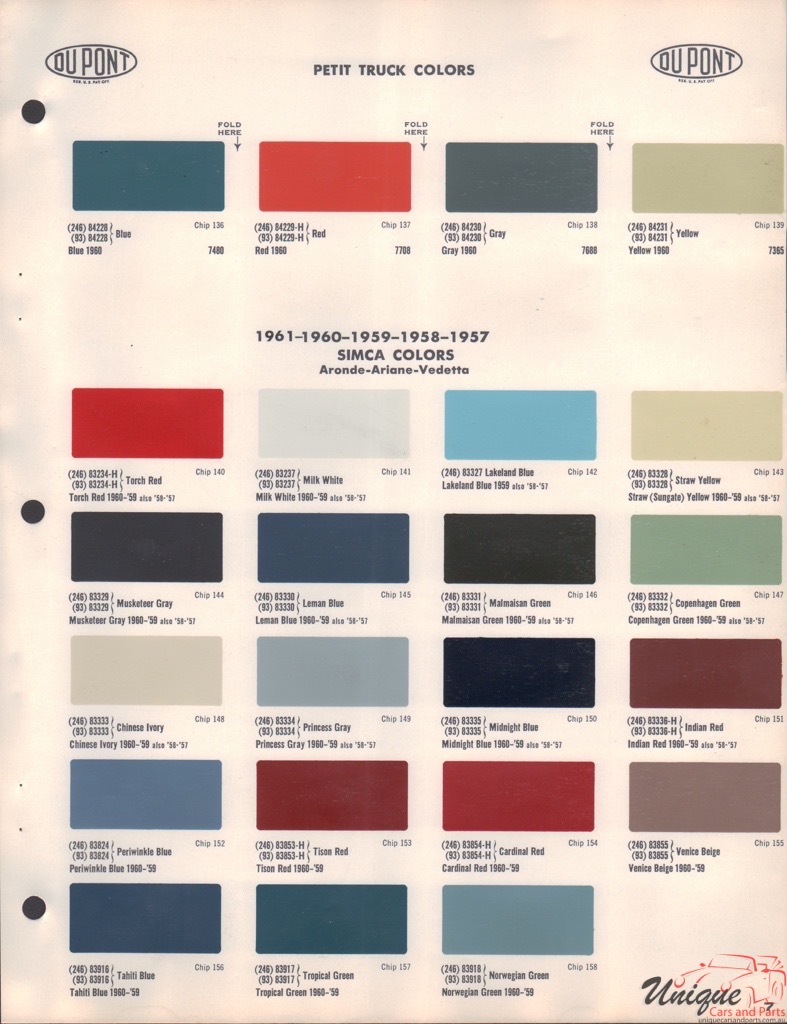 1957 - 1961 Simca Paint Charts DuPont